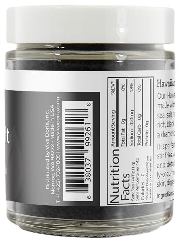 Viva Doria Hawaiian Black Lava Sea Salt, Fine Grain, Lava Salt, 5 Oz Glass Jar
