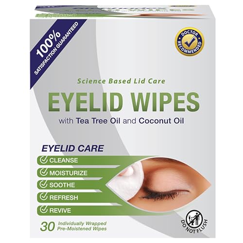 Lunovus Premium Eyelid Wipes With Tea Tree and Coconut Oil - Cleansing Wipes for People Itchy Eyes - Individually Wrapped - Box Of 30 Natural Eye