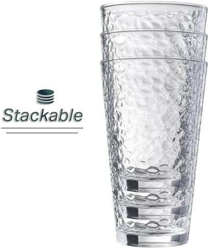 Le'raze Set of 10 Hammered Glass Cups, Clear Heavy Base Drinking Glasses | 16oz, Stackable, Durable, Dishwasher Safe, Freezer Safe, Non Slip