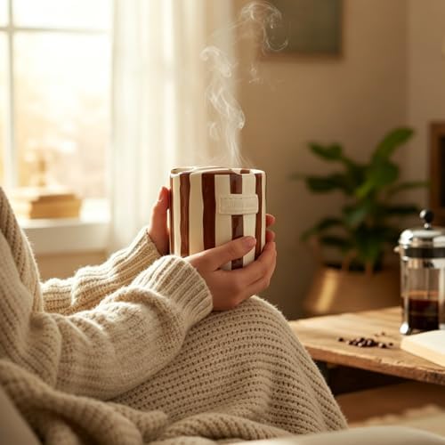 10oz Ceramic Coffee Mug with Sip Hole, Striped Espresso Cups for Hot & Cold Drinks and Microwave & Dishwasher & Freezer Safe