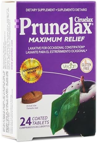 Prunelax Ciruelax Maximum Relief Laxative Tablets with Natural Senna for Occasional Constipation, Senna Extract, Vegan & Gluten-Free, Gentle Overnight Relief - 100ct