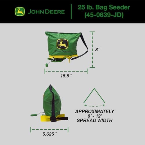 John Deere 25 lb Handheld Bag Seeder Spreader with Waterproof Bag, Enclosed Gears, Adjustable Shoulder Strap, Rear Baffle
