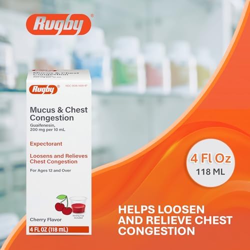 Rugby Mucus & Chest Congestion Guaifenesin 200 mg, 4 Fl Oz (1-Pack) | Cherry Flavor, Expectorant Cough Syrup, Loosens and Relieves Chest Congestion