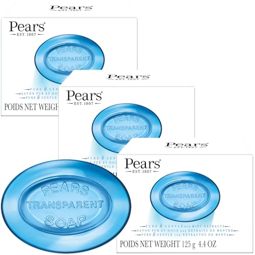 Pears Soap, Pure & Gentle with Mint Extract 3-Pack – Transparent Blue Glycerin Soap for Cool, Refreshed Skin, 4.4 Oz Ea