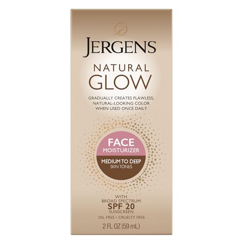 Jergens Natural Glow Self Tanner Face Moisturizer with SPF 20 Facial Sunscreen, Medium to Deep Skin Tone, Sunless Tanning, Oil Free