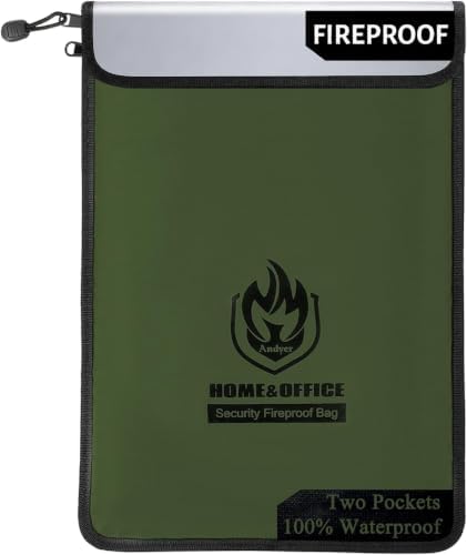 Andyer 2 Pockets Fireproof Document Bag (15"x11"), Protect Values from Fire