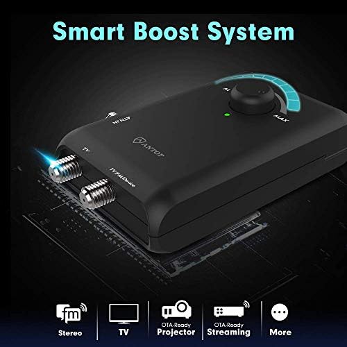 Antop HD Smart Boost Antenna Amplifier, TV Antenna Amplifier Signal Booster, HDTV Booster with Dual Outputs for 2 TVs, HD Digital VHF UHF FM Amplifier