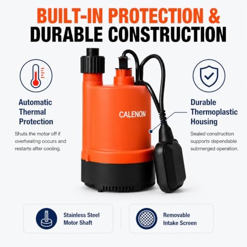 1/3 HP Submersible Utility Pump, 2400 GPH, Auto Float Switch | Drains to 1/4 in., 3/4 in. GHT adapter included, For basements