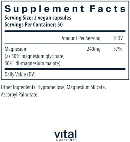 Vital Nutrients Magnesium Glycinate + Malate - 120mg Vegan Magnesium Supplement for Women and Men - Muscle, Heart, Bone Support* - Promotes Relaxation - Gluten, Dairy and Soy Free - 100 Capsules