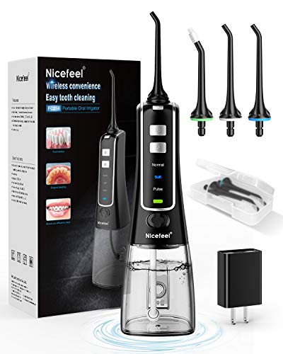 Nicefeel Cordless and Rechargeable Water Flosser - 300ML Water Tank Oral Irrigator, 4 Jet Tips