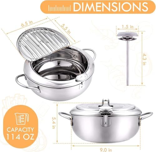 cuomaop Deep Fryer Pot, 304 Stainless Steel Japanese Frying Pot with Oil Drain, Temperature Control and Lid