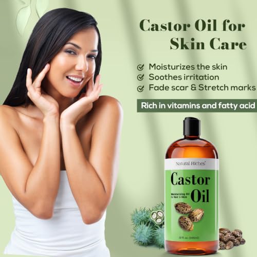 Natural Riches Castor Oil Cold pressed for Dry Skin Hair Loss Dandruff Thicker Hair - Moisturizes heals Scalp Skin Hair growth Thicker Eyelashes & Eyebrows