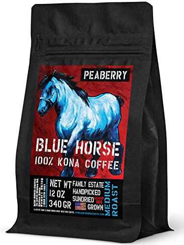 Blue Horse 100% Kona Coffee Whole Bean - 16 oz Medium Roast, Farm Fresh | Certified Organic, Arabica Whole Beans,, Grown In Hawaii USA, Shade Grown, Handpicked, Vacuum Sealed Bag, Caffeinated, Vegan