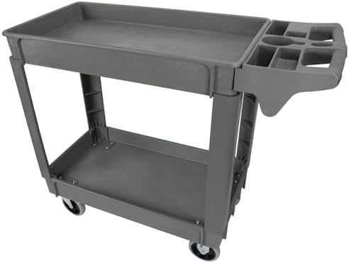 Performance Tool W54004 Two-Shelf Utility Cart with Locking Drawer | Red rolling tiered storage cart with wheels. 350 lb load capacity. Swivel casters. 28x16 inch deep shelves