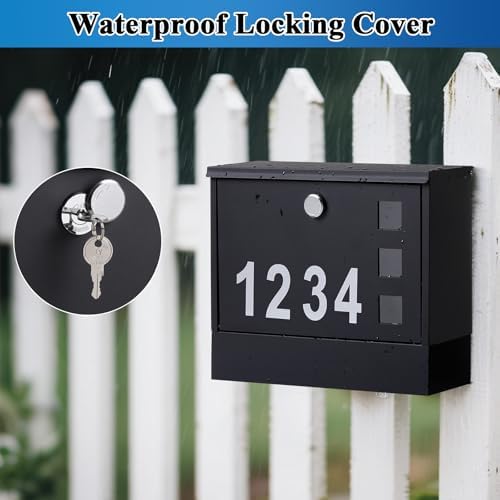 Locking Mailbox Wall Mount for Outside– Jssmst Mailboxes with Key Lock for Front Door Fence, Large Capacity Letter Box, 14.3 x 4.1 x 11.8 Inch, Black, SM-HPB911BN