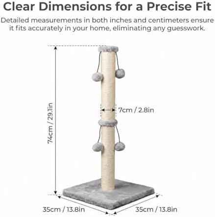 Dimaka 29'' Cat Scratching Post, Natural Sisal Rope Scratcher Post, Kitten Claw Scratch with 4 DanglingToy Balls for Large Cats (Grey)