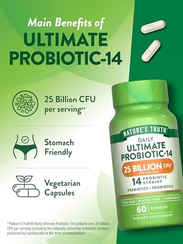 Nature's Truth Probiotics for Men and Women | 25 Billion CFU | 60 Capsules | 14 Strains | Non-GMO & Gluten Free Digestive Health Supplement | 14