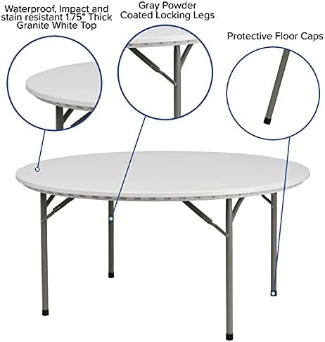 Flash Furniture Commercial 5 ft Plastic Round Folding Table, Granite White | Durable Construction, Commercial Use