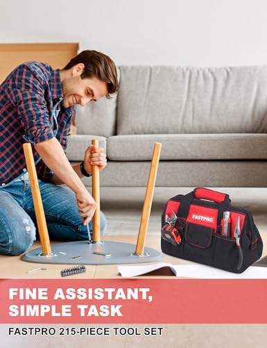 FASTPRO 215-Piece Home Repairing Tool Set with 12-Inch Wide Mouth Open Storage Bag, Household Hand Tool Kit,Red