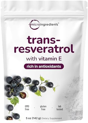 Pure Trans-Resveratrol Powder with Vitamin E, 5 Ounce, 2 in 1 Formula, Micronized Powder for Better Absorption, Premium Resveratrol Supplement