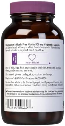 Bluebonnet Nutrition Flush-Free Niacin 500mg, for Nutritional Cardiovascular Support*, Soy-Free, Gluten-Free, Non-GMO, Kosher Certified, Dairy-Free