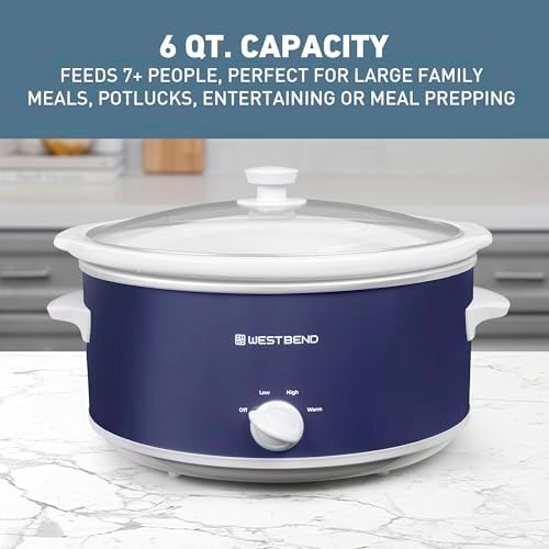 West Bend Slow Cooker 6-Quart Manual Crockery Style with Dishwasher Safe Oval Ceramic Crockpot and Glass Lid Two Temperature Settings Plus Keep Warm, 330-Watts, Black