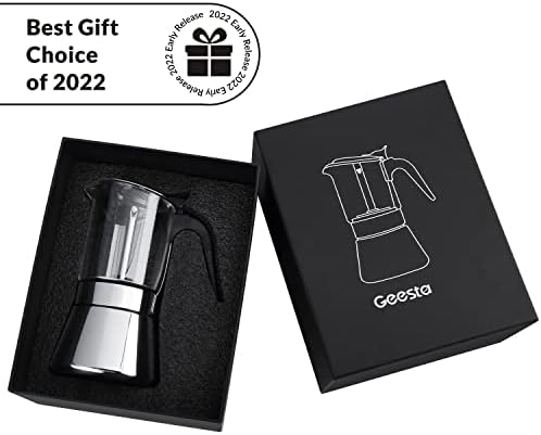 Geesta Premium Crystal Glass-Top Stovetop Espresso Moka Pot - 4/6/ 9 Cups - Stainless Steel Coffee Maker- 160ml/5.6oz/4 cup (espresso cup=40ml)
