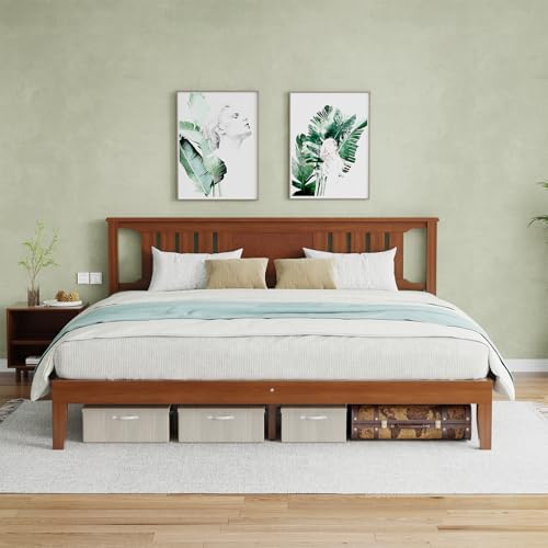 Solid Wood Bed Frame, Queen Size Platform Bed Frame with Headboard, Sturdy Wood Slat Support, Heavy Duty, No Box Spring Needed, Noise-Free, Easy Assembly