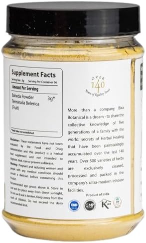 bixa BOTANICAL Bibhitaki Powder, Terminalia Belerica, Baheda, 200 Grams | 100% Pure Vibheetaki Herb Powder, Ayurvedic Herbal Supplement, 7 OZ, Gluten Free, Non GMO, Steam Treated, Vegan, Botanical