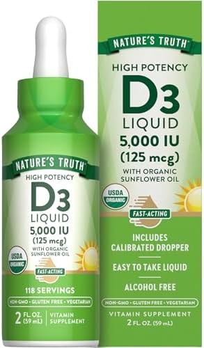 Nature's Truth Vitamin D3 Liquid | 5000 IU | 2 fl oz | Non-GMO and Gluten Free Supplement | Non-GMO and Gluten Free Supplement