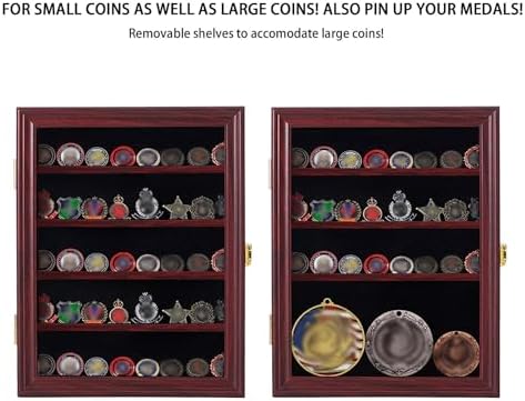 Jinchuan Military Challenge Coin Display Case Lockable Cabinet Rack Holder Shadow Box with Removable 2 Grooves Shelves and Anti Dust Door for Casino