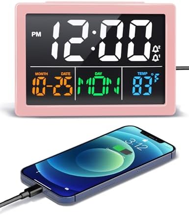 JALL Digital Clock with Date Day for Seniors, Electric Alarm Clocks for Bedrooms with Temperature, 2 Alarms, Dimmer, Dual USB Charger, Battery Backup