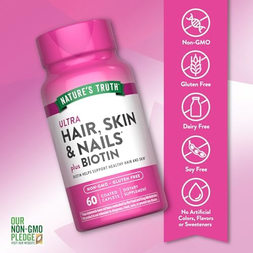 Nature's Truth Hair Skin and Nails | 60 Caplets | Plus 5,000 mcg Biotin | Non-GMO & Gluten Free Supplement