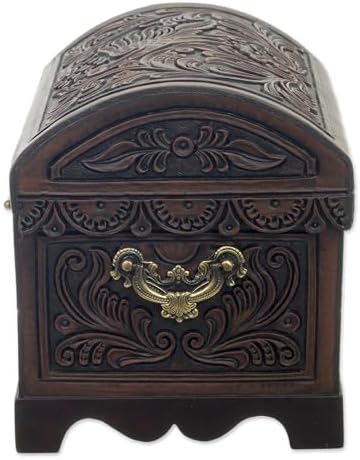 NOVICA Artisan Handmade Cedar and Leather Decorative Box | Floral Bird Motif | Brown Wood Accessories | 'Andean Flight' | 7" H x 8.75" W x 7" D