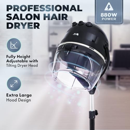 Buy-Rite Meredith 880W Hooded Salon Hair Dryer Adjustable Height | Durable 5-Star Caster Base, Fits Most Dryer Chairs, 60-Min Auto Shut-Off