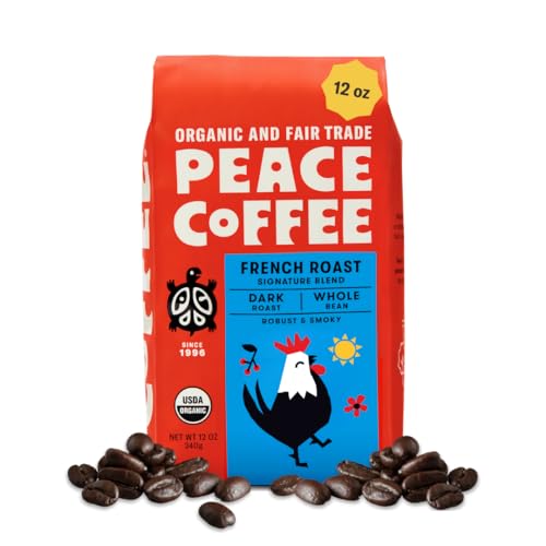 Peace Coffee French Roast Whole Bean Coffee, Dark Roast, 12 oz | Organic Fair Trade, Nutty, Bold Flavor, Shade Grown, Fresh Roasted