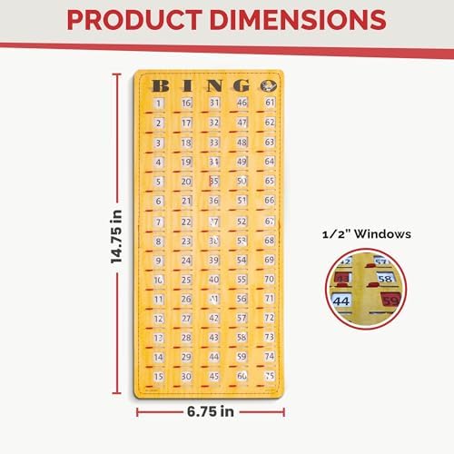 MR CHIPS Large 14.75" L x 6.75" W Jam-Proof Finger Tip Bingo Master Board Card with Large 3/4" Sliding Windows, Thick 5 Ply Cardboard, Gold Rush Style