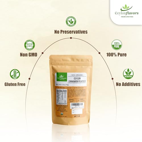 Ceylon Flavors Fresh and Pure USDA Certified Organic Ceylon Cinnamon Powder Premium Grade 2.5oz (70g)