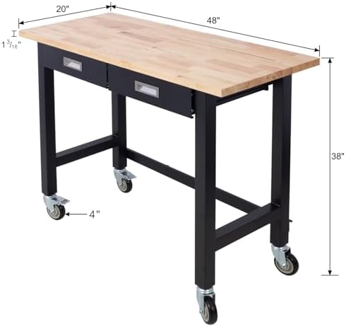 Work Bench, Workbench with Drawer Storage, Heavy Duty Bamboo Wood Work Table with Wheels for Garage Home Office (48 Inch)