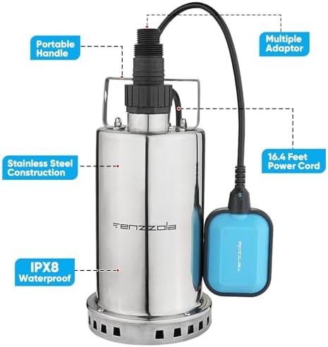 Sump Pump, 1/3 HP 1850GPH Automatic Submersible Utility Water Pump, Portable Electric Low Level Drain Water Removal Pump with Sensor Switch for Swimming Pool Basement Garden Pond Draining