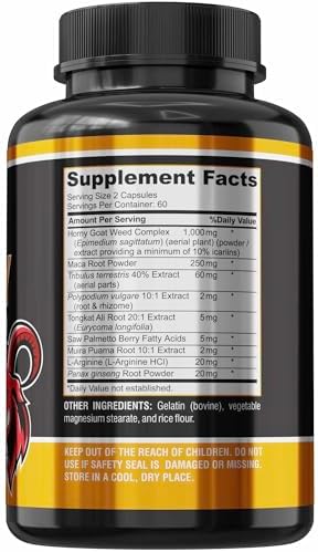 YUMMYVITE Horny Goat Weed Extra Strength Blend, w. Maca, Arginine, Ginseng, Tribulus, Tongkat, Libido, Stamina, Energy Support, Non-GMO Formula