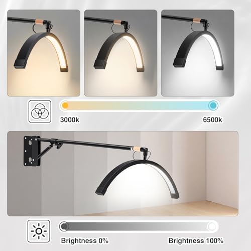 Wall Mount Lash Lamp Half Moon Shaped LED Lash Nail Light Cool/Warm Modes Adjustable Angle and Height for Barbershop Eyelashes Nail Eyebrows Tattoo