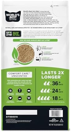 World's Best Cat Litter, Comfort Care, Unscented, Odor Control, 8 lb Bag | Gentle odor control for sensitive cats and lasts 2x longer; natural corn litter, quick clumping, flushable, 99% dust free