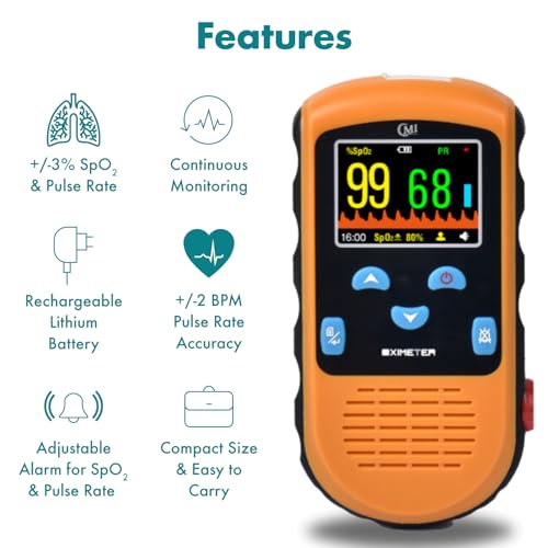 Rechargeable Finger Pulse Oximeter for Adults, Continuous SpO2 & Pulse Rate Readings, Spot Check Mode, Adjustable Alerts, Ideal for Sports
