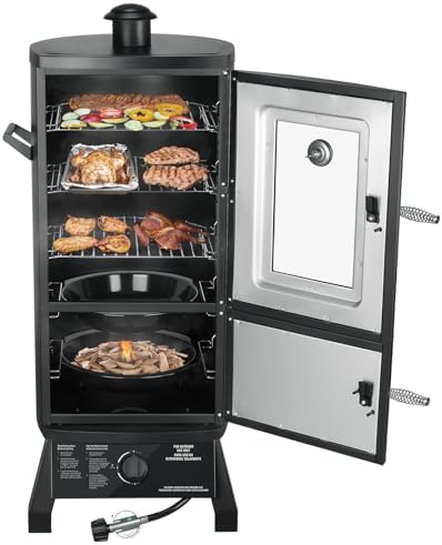 Propane Smoker with Cover, Vertical Meat Gas Smoker Grill Outdoor Heavy Duty 3 Removable Smoking Racks, Black