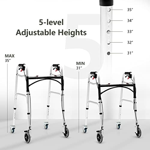 Goplus Walkers for Seniors, 4-in-1 Folding Walker with 5’’ Wheels, Detachable Seat, Height Adjustable Stand Up Walker