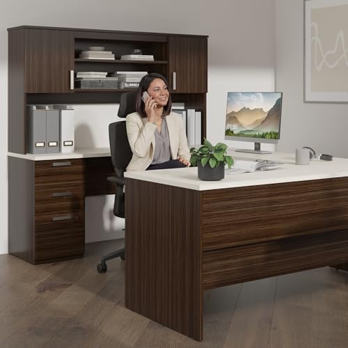 Bestar U Shaped Desk with Drawers, Hutch, and Keyboard Tray, Executive Workstation for Home or Professional Office, 65 Inches, Ridgeley Collection, White Chocolate