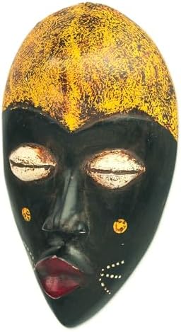 NOVICA Ghanaian Wood Mask, Black and Yellow, 'Adaoma Woman'