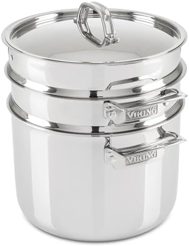 Viking 3-Ply Stainless Steel Pasta Pot with Lid, 8 Quart, 4 Piece Multipot Kitchen Cookware, Includes Pasta Insert and Steamer Basket