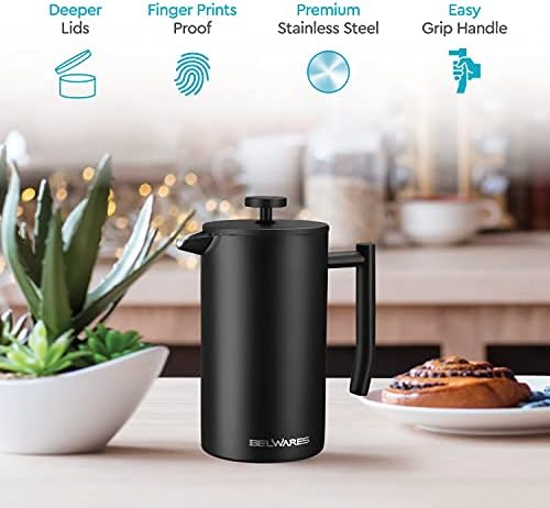 Belwares French Press Coffee Maker 34 Oz - Insulated Coffee Press Stainless Steel 304 - Double Wall & 4 Level Filtration System (1 Liter) - Black